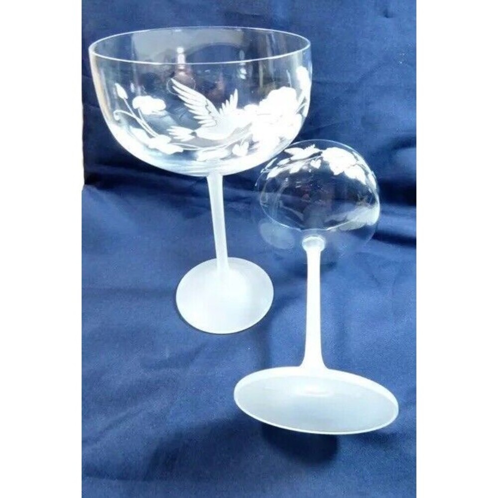 Vintage Avon Hummingbird Crystal Champagne Glasses Frosted Stems- new set of 2!